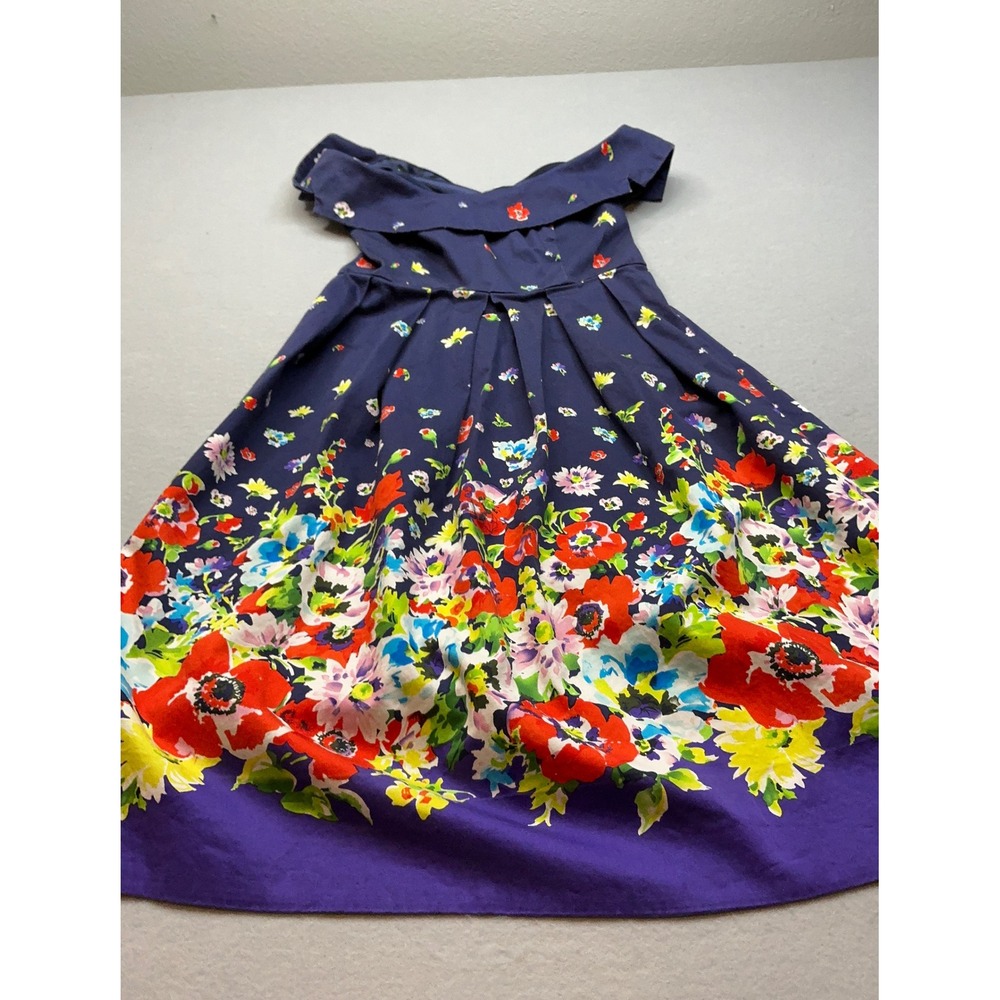 Spense Floral Fit and Flare Dress Off Shoulder Navy Blue Size 4 Cotton Blend